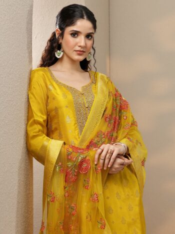 Mustard Woven Design Silk Blend Straight