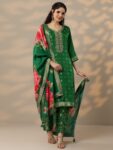 Green Woven Design Silk Blend Straight