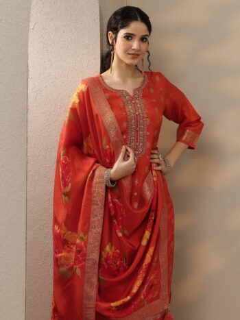 Rust Woven Design Silk Blend Straight Suite