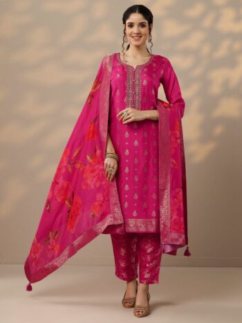 Magenta Woven Design Silk Blend Straight