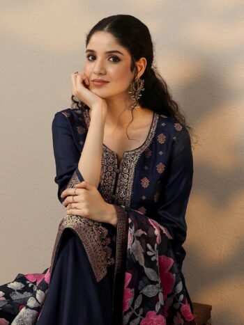 Navy Blue Woven Design Silk Blend straight