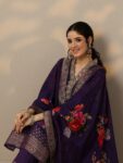 Purple Printed Silk Blend Straight Suit With Dupatta
