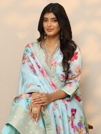 Blue Floral Silk Blend Straight Suit Set