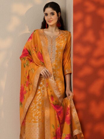Orange Woven Design Silk Blend Straight