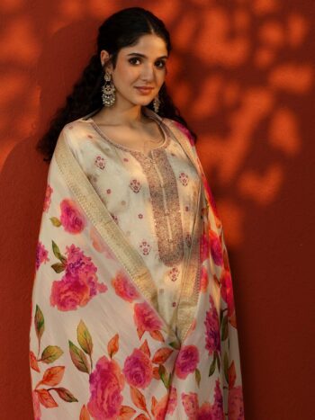 Off White Woven Design Silk Blend straight