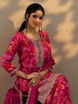 Magenta Printed Silk Blend Straight Suit