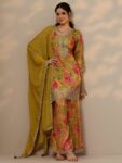 Mustard Printed Silk Blend Straight Suit