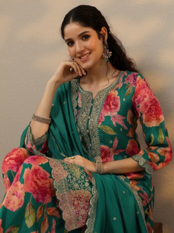 Green Printed Silk Blend Straight Suit