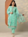 Sea Green Embroidered Cotton Blend A-line