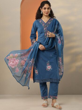 Blue Embroidered Cotton Blend A-Line Suite