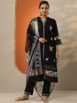 Black Embroidered Cotton Straight Suit