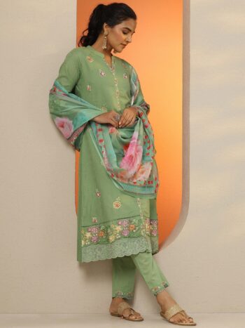 Green Embroidered Cotton Straight Suit