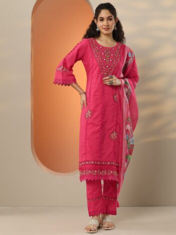 Pink Embroidered Cotton Blend A-Line Suite
