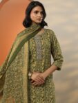 Green Printed Cotton Blend Straight Suite