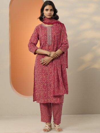 Pink Printed Cotton Blend Straight Suit