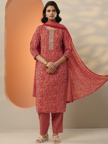 Red Printed Cotton Blend Straight Suit With Dupatta