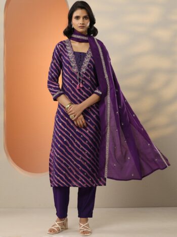 Purple Printed Silk Blend Straight Suit