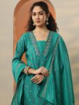 Green Printed Silk Blend Straight Suit With Dupatta