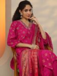 Pink Printed Silk Blend Straight Suit