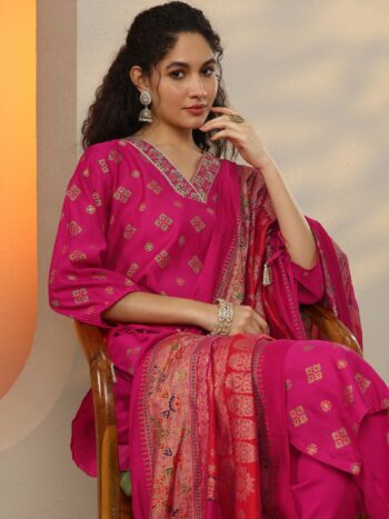 Pink Printed Silk Blend Straight Suit