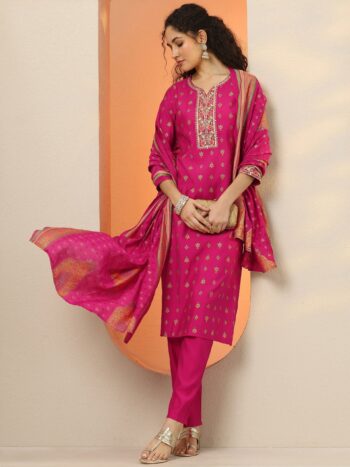 Pink Printed Silk Blend Straight Suit