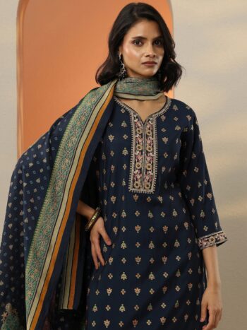 Blue Printed Silk Blend Straight Suit