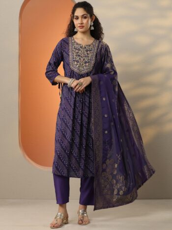 Purple Printed Silk Blend A-Line Suit