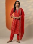 Orange Printed Silk blend Straight Suit With Dupatta