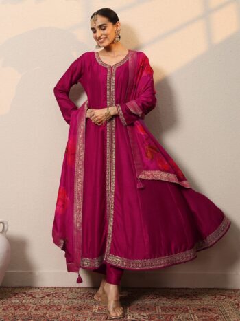 Magenta Embroidered Silk Blend A-Line