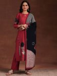 Maroon Printed Silk Blend Straight Suit With Dupatta