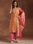 Orange Printed Cotton Straight Suit With Bottom