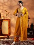 Mustard Embroidered Silk Blend A-Line Kurti