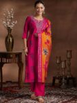 Pink Printed Silk Blend Straight Suit With Bottom