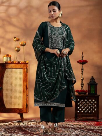 Green Embroidered Silk Blend A-Line Kurta