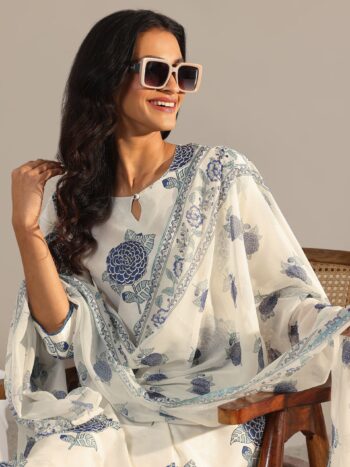 Off White Printed Chanderi Silk Straight