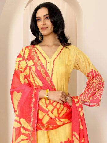 Yellow Printed Cotton Straight Suit Set