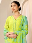 Green Printed Cotton Straight Suit Set