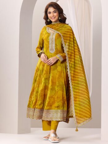 Mustard Printed Silk Chiffon Anarkali Suite