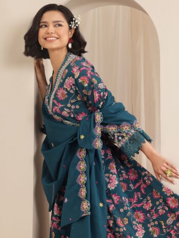 Teal Printed Cotton Anarkali Suit Sets