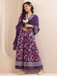 Purple Printed Cotton Anarkali Suit Set