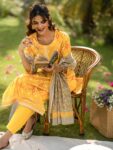 Mustard Printed Cotton Straight Suit Set