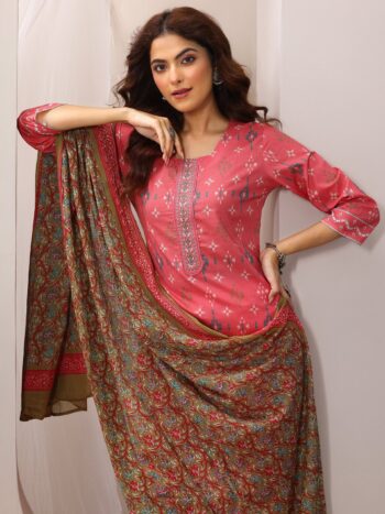 Coral Printed Cotton Straight Suit Set