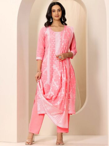 Pink Woven Design Chanderi Silk Straight