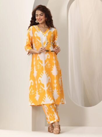 Mustard Printed Silk Blend Straight Kurta