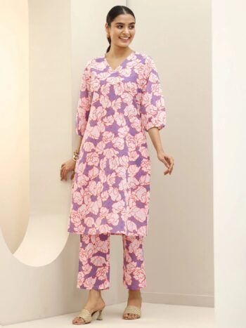 Purple Printed Cotton Straight Kurta Set