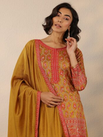Libas Art Mustard Embroidered Silk Blend
