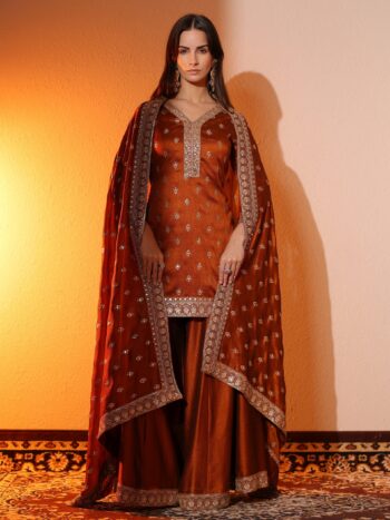 Libas Art Brown Embroidered Silk Blend