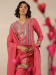 Libas Art Pink Embroidered Organza Straight