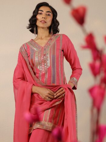 Libas Art Pink Embroidered Organza Straight