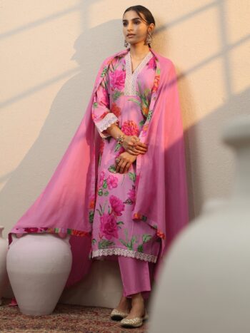 Pink Printed Cotton Blend Straight Suit